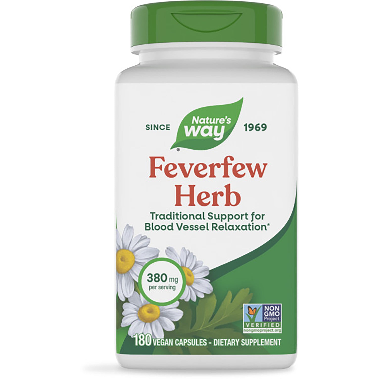 NW485 | Nature's Way Feverfew Herb supplement bottle with 180 vegan capsules label