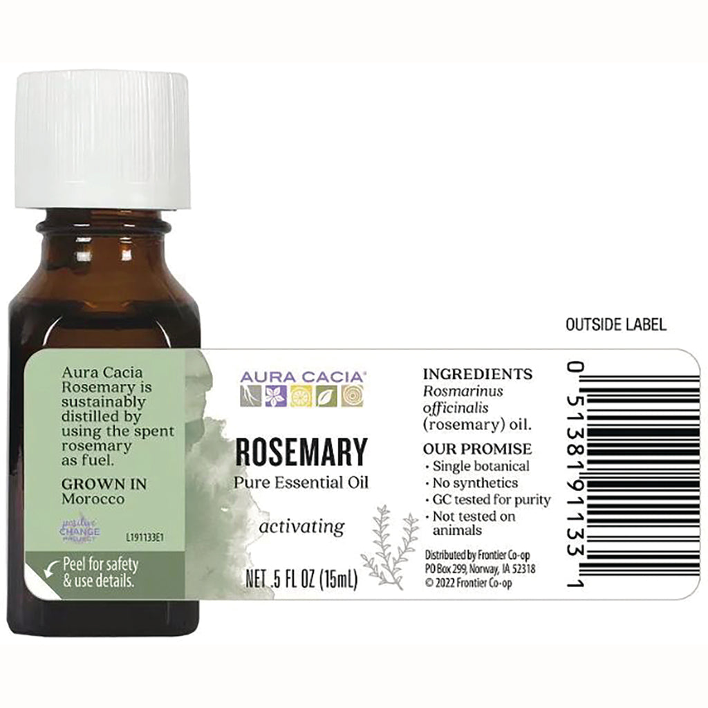 ARC002 | Aura Cacia Rosemary essential oil back label showing ingredients, barcode and NET .5 FL OZ (15 mL) - Thumbnail