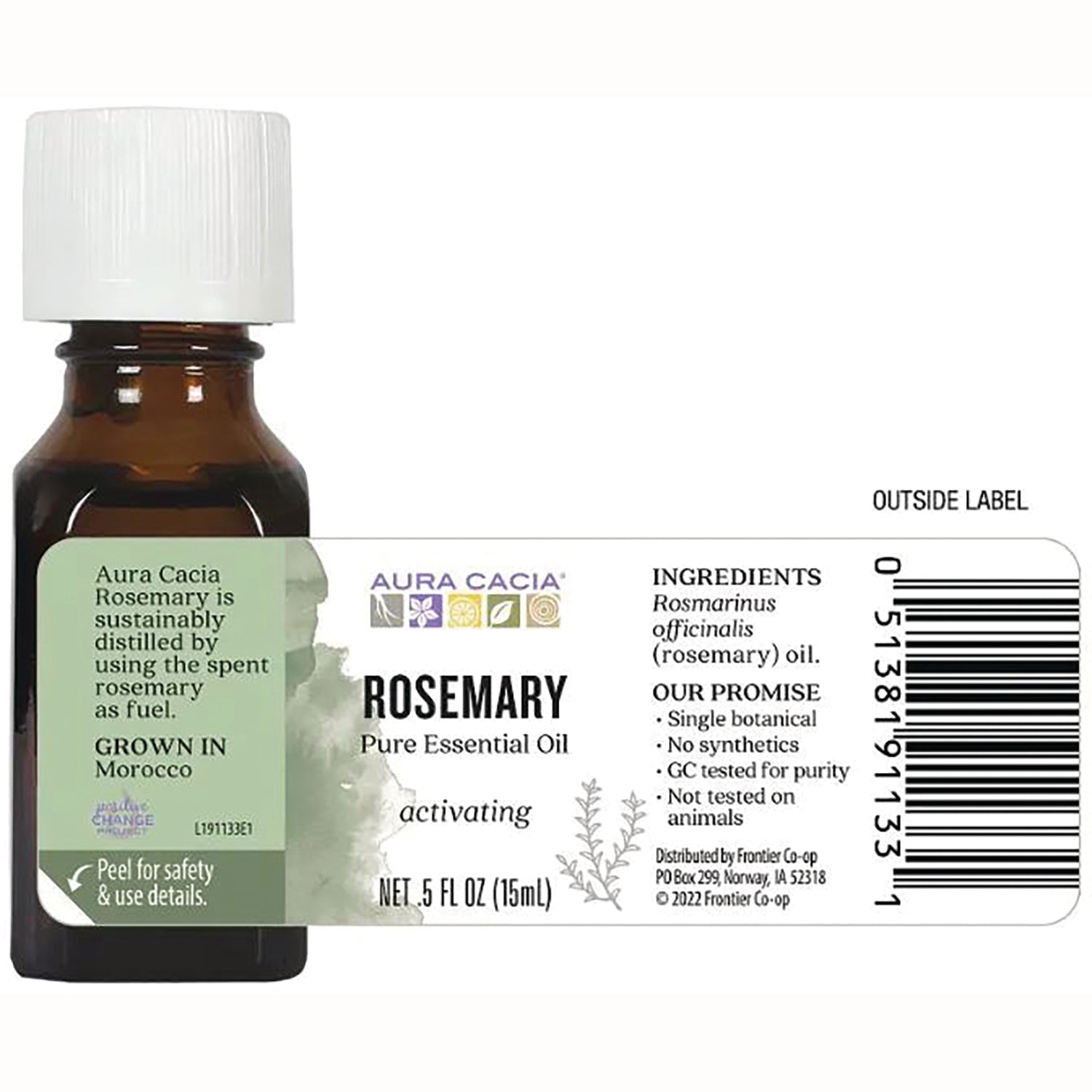 ARC002 | Aura Cacia Rosemary essential oil back label showing ingredients, barcode and NET .5 FL OZ (15 mL)