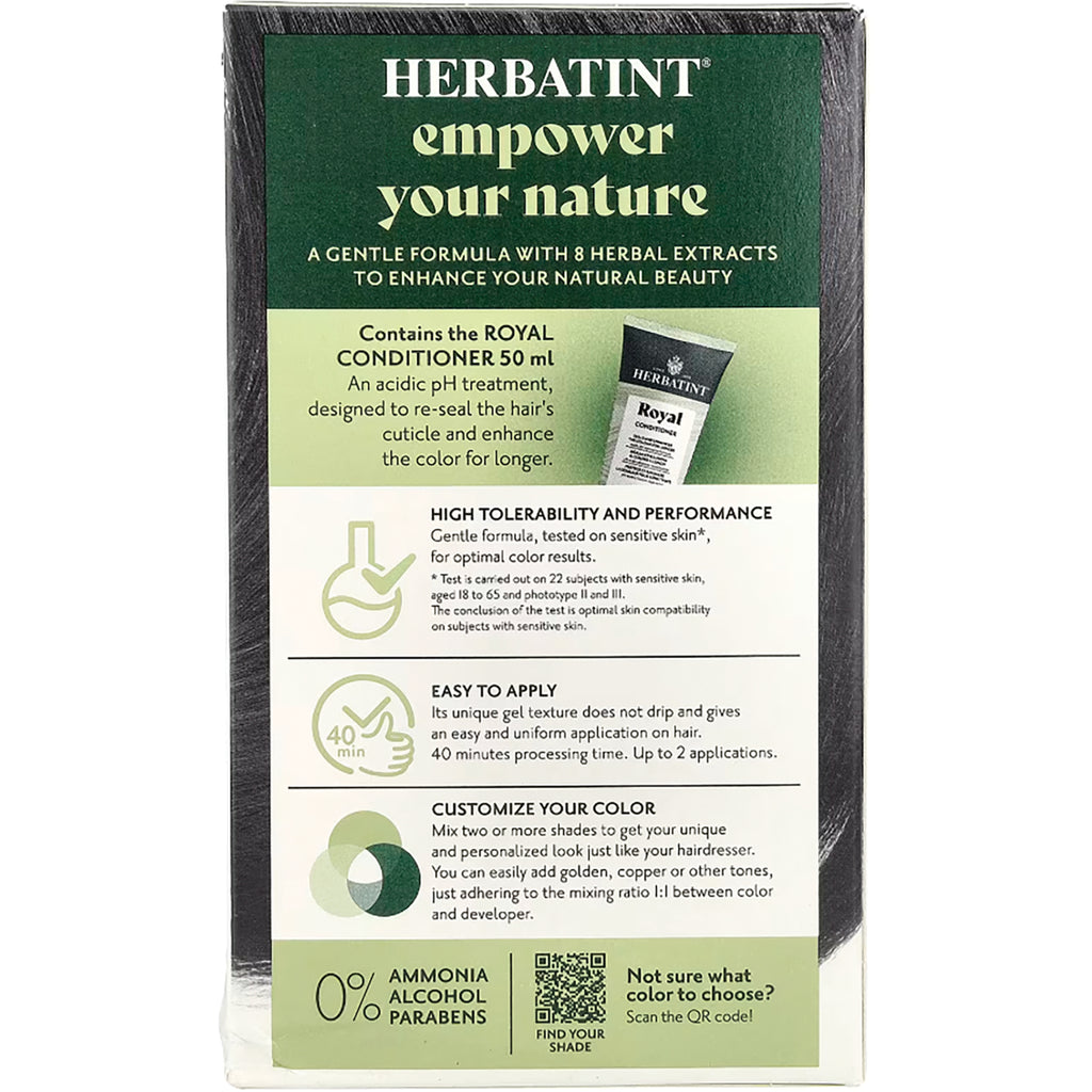 HBT008 | back of Herbatint hair color box showing conditioner claim, high tolerability and performance, application instructions, 0% ammonia alcohol parabens and QR code - Thumbnail