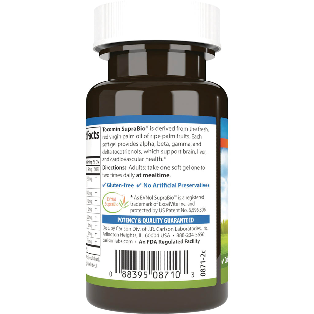 Back label of brown supplement bottle showing directions, gluten-free and no artificial preservatives claims, and barcode - Thumbnail