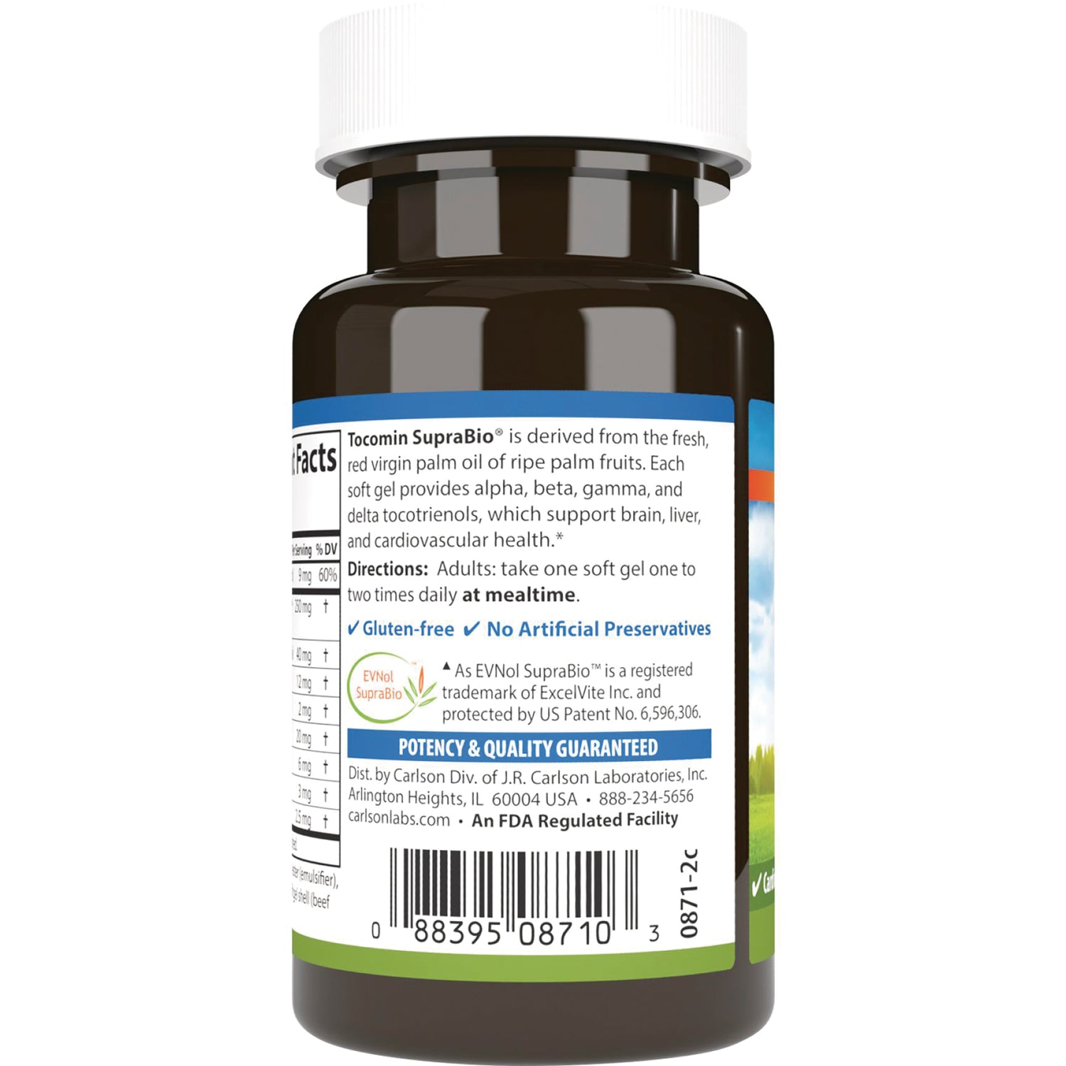 Back label of brown supplement bottle showing directions, gluten-free and no artificial preservatives claims, and barcode