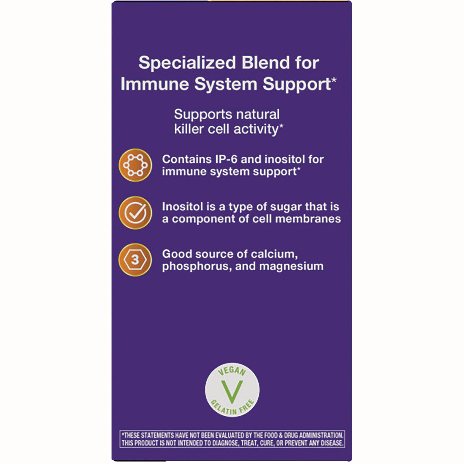 ET254 | Back panel listing immune system support benefits, ingredient notes, and vegan gelatin free badge