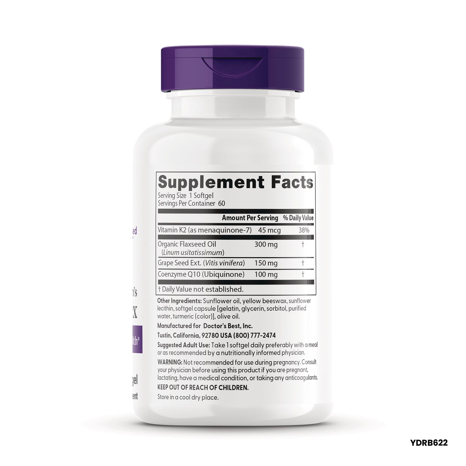 DB304 | back label showing Supplement Facts panel, ingredient list, suggested use and warnings on a white supplement bottle