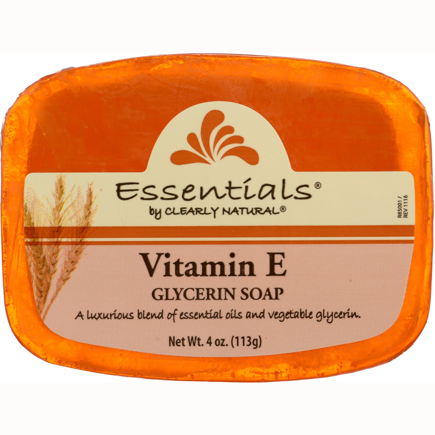 CLN010 | orange glycerin soap labeled Essentials by Clearly Natural Vitamin E, Net Wt 4 oz
