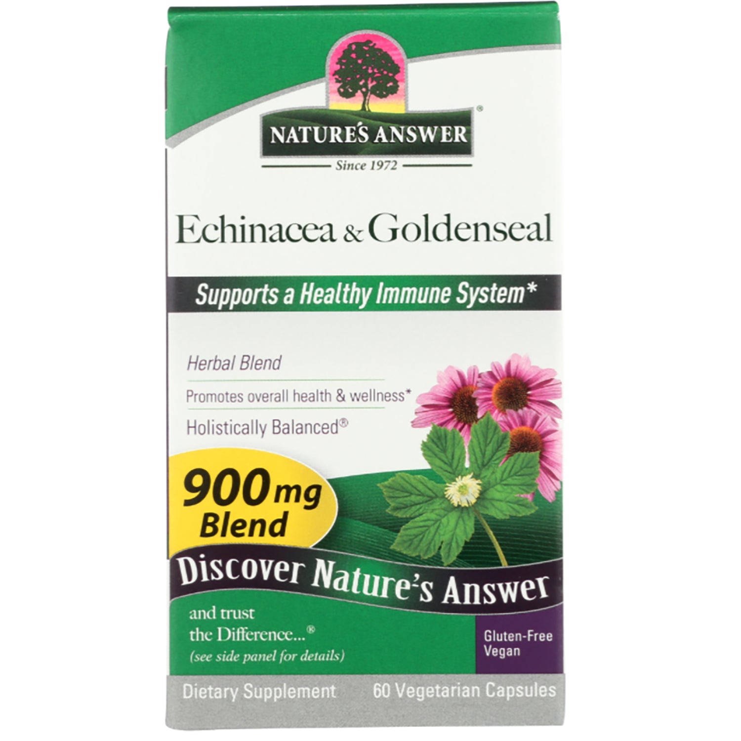 NAT350 | Nature's Answer Echinacea & Goldenseal 900 mg blend dietary supplement front box, 60 vegetarian capsules
