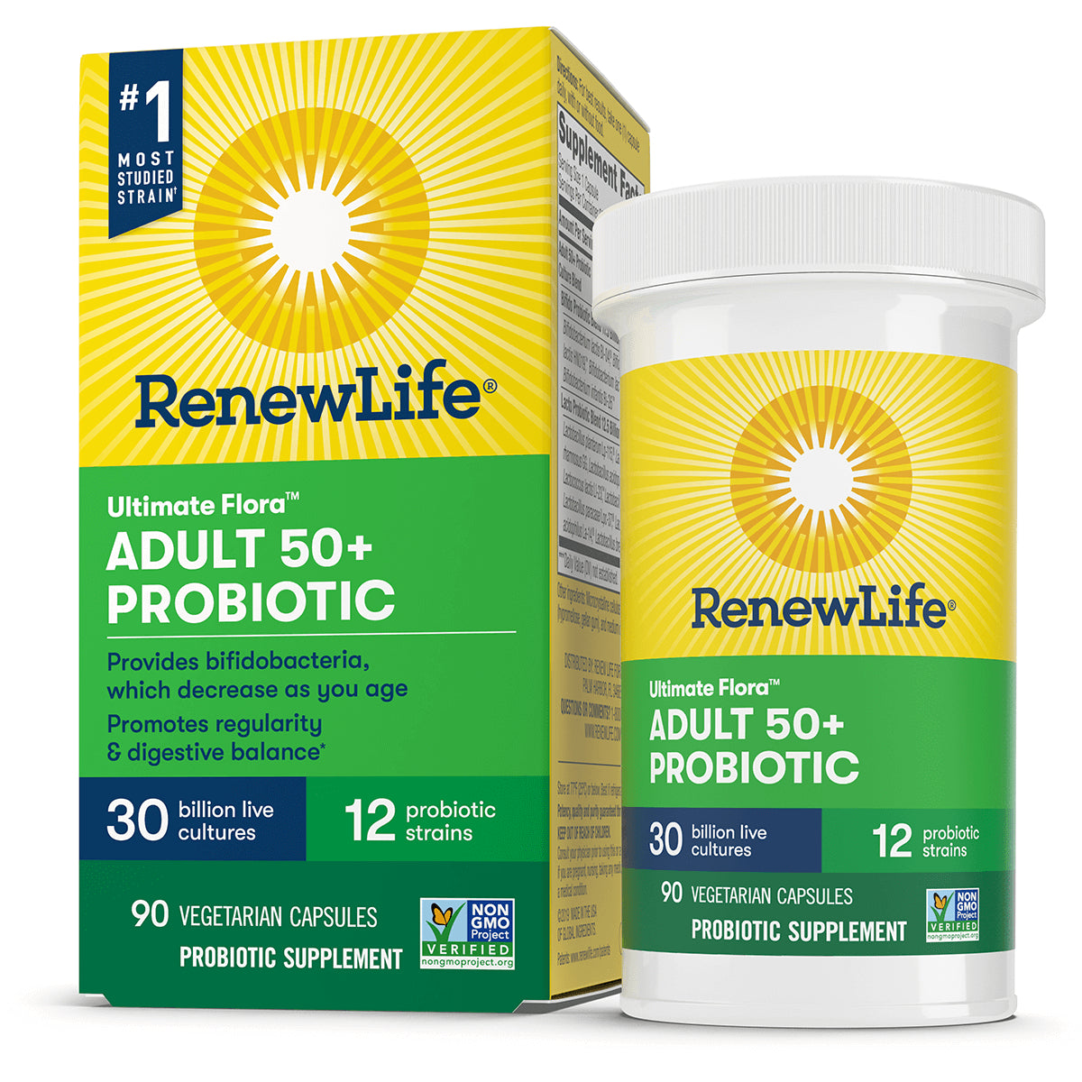 RNL233 | RenewLife Adult 50+ Probiotic box and bottle, 90 vegetarian capsules, 30 billion live cultures