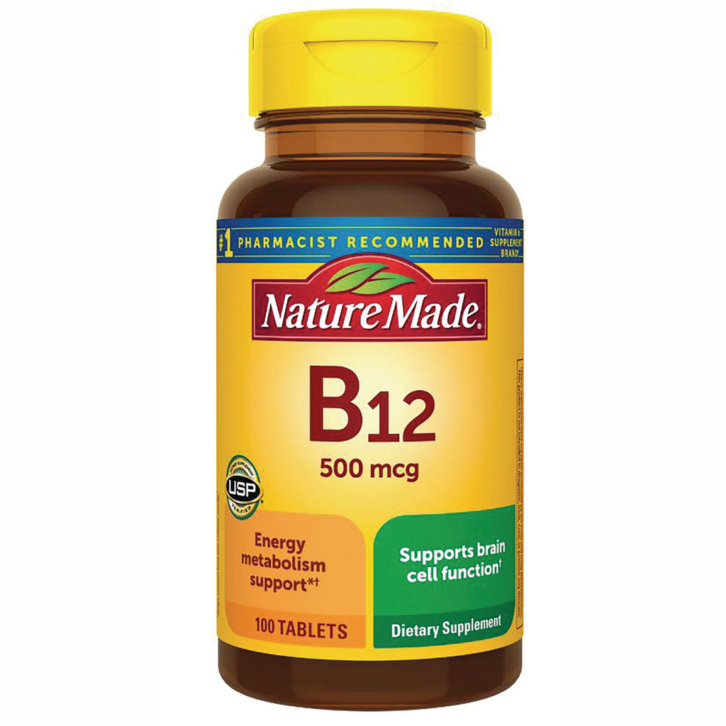 NTM049 | Nature Made B12 500 mcg bottle, yellow label, 100 tablets, dietary supplement - Thumbnail