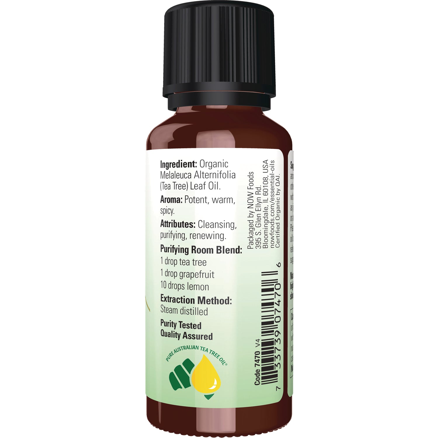 NWF513 | Back label of amber essential oil bottle showing ingredients, purifying room blend directions, barcode and logo