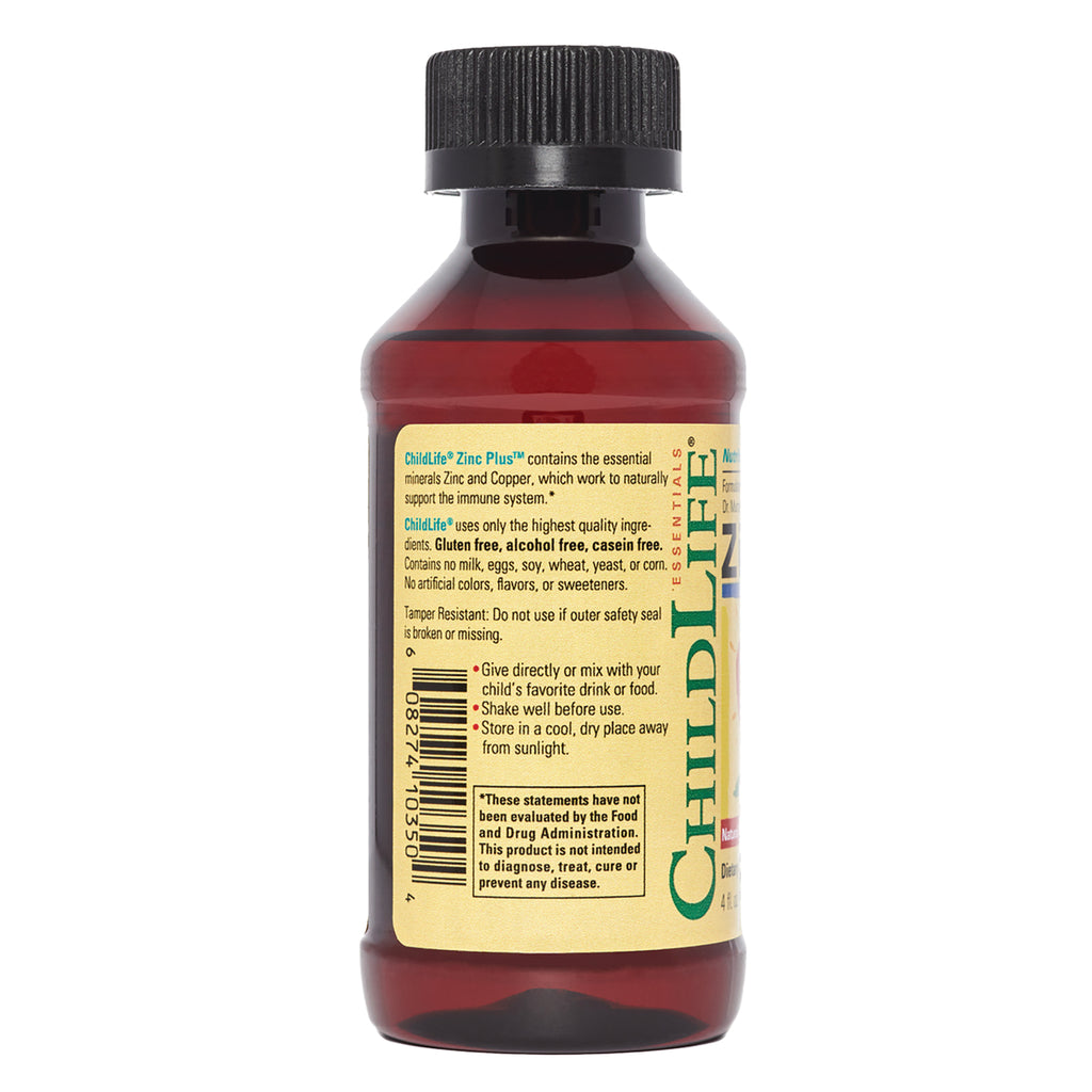 CHL024 | back label of brown ChildLife zinc supplement bottle showing ingredients, barcode and usage instructions - Thumbnail