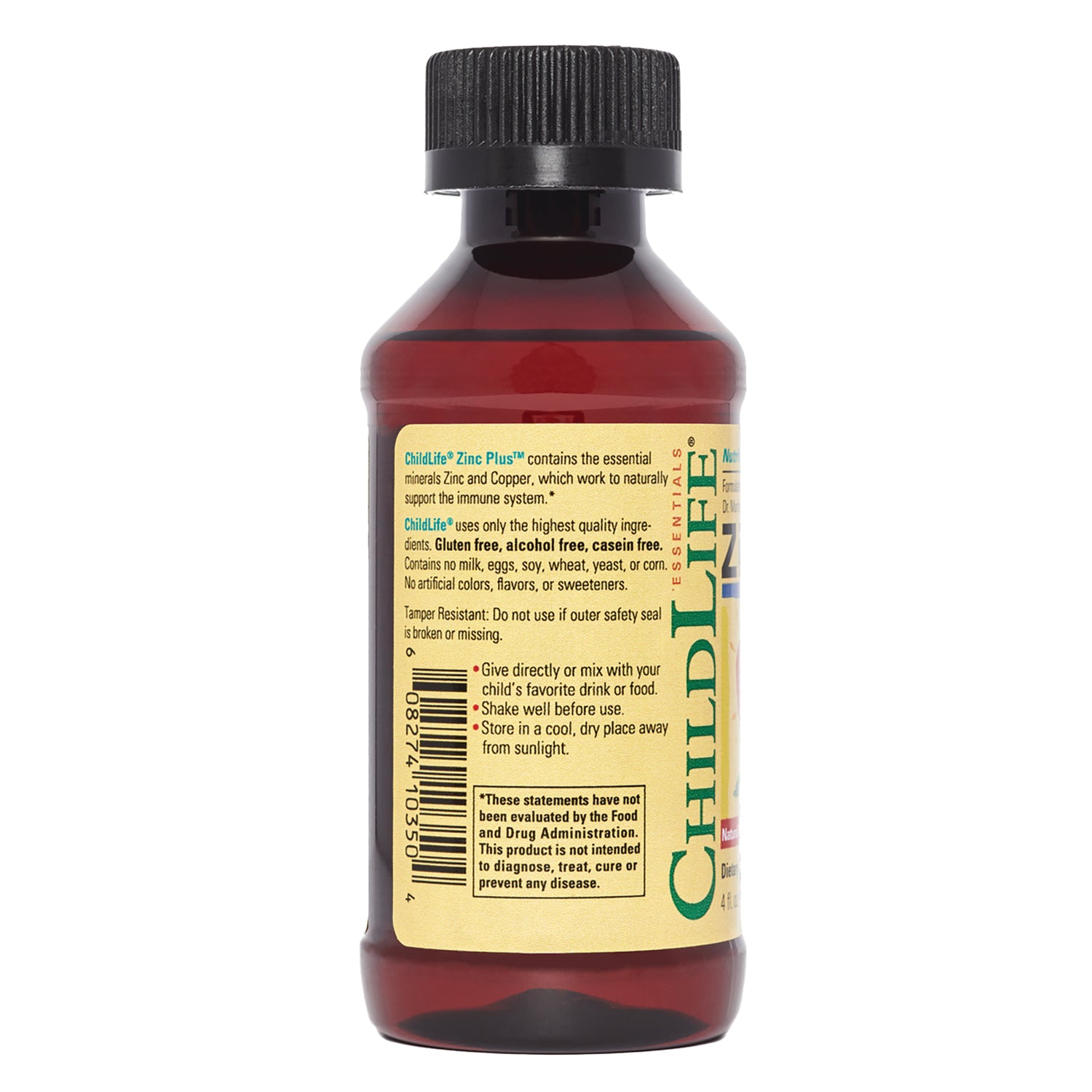 CHL024 | back label of brown ChildLife zinc supplement bottle showing ingredients, barcode and usage instructions