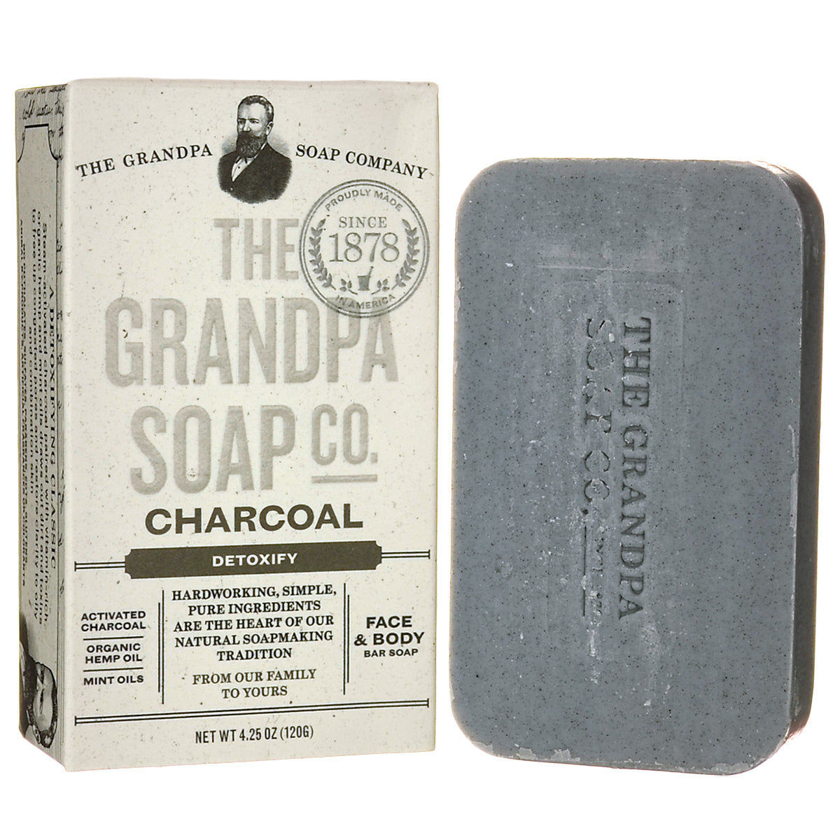 GP029 | The Grandpa Soap Co charcoal detoxify face and body bar with box and embossed charcoal soap bar