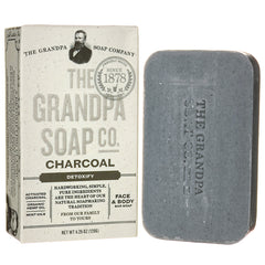 GP029 | The Grandpa Soap Co charcoal detoxify face and body bar with box and embossed charcoal soap bar