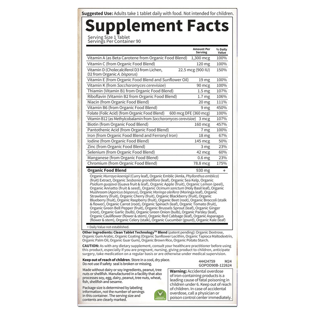GLF215 | Supplement Facts panel, organic food blend ingredients, usage directions and warning text on product back - Thumbnail