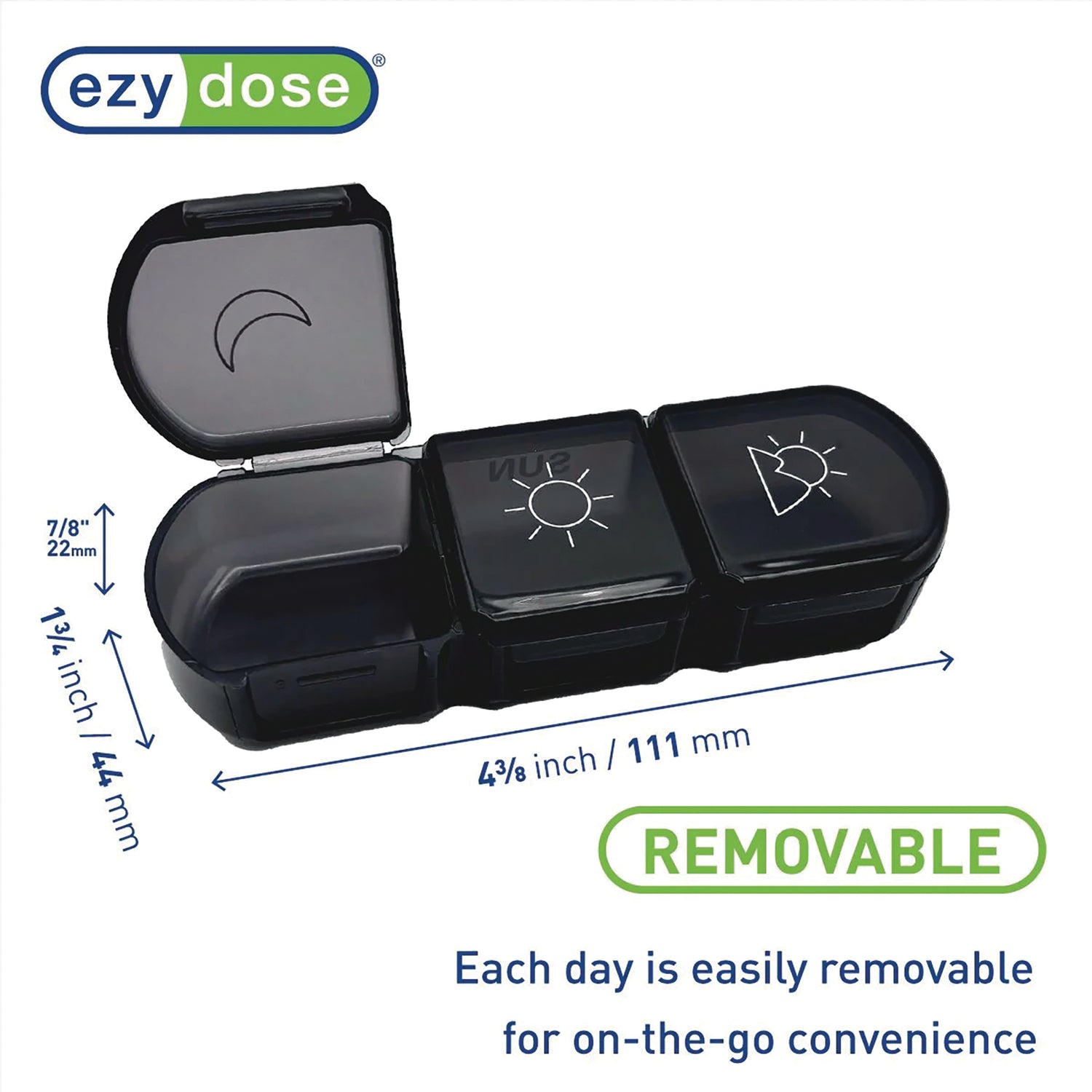 APP11 | Ezy Dose removable pill organizer with daily compartments, 4 3/8 in x 1 3/4 in x 7/8 in