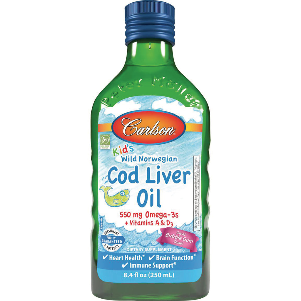 CSN218 | Carlson Kid's Wild Norwegian Cod Liver Oil bottle front, 8.4 fl oz, bubble gum flavored children's supplement label - Thumbnail