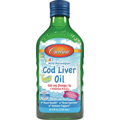 CSN218 | Carlson Kid's Wild Norwegian Cod Liver Oil bottle front, 8.4 fl oz, bubble gum flavored children's supplement label
