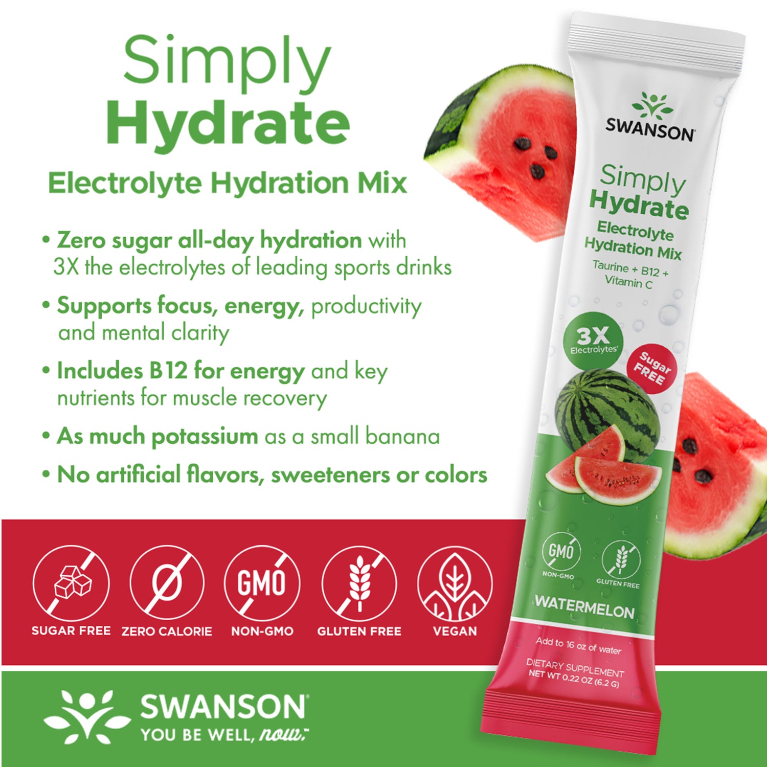 SW1939 | Simply Hydrate electrolyte hydration mix watermelon single-serve stick, sugar-free non-GMO gluten-free icons and benefits