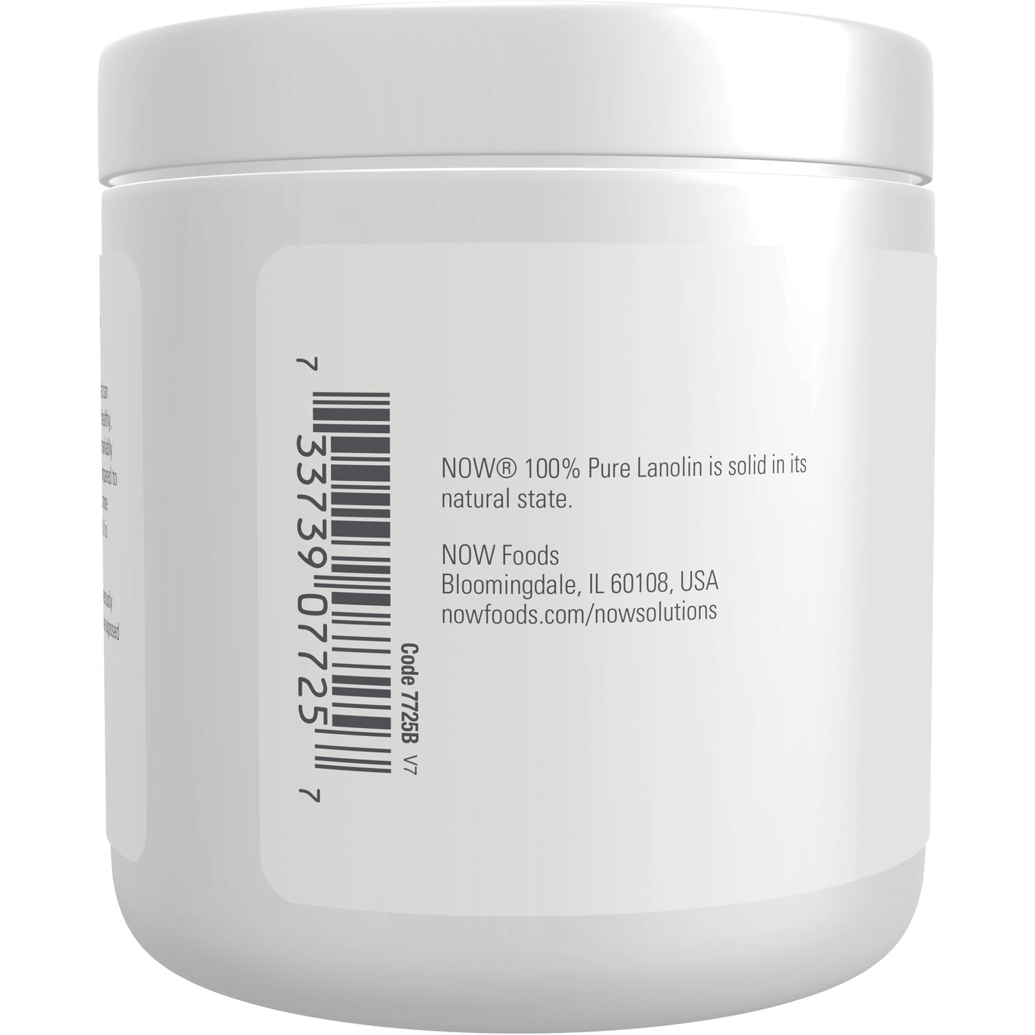 NWF440 | Back label of white jar showing barcode and text NOW 100% Pure Lanolin and company address