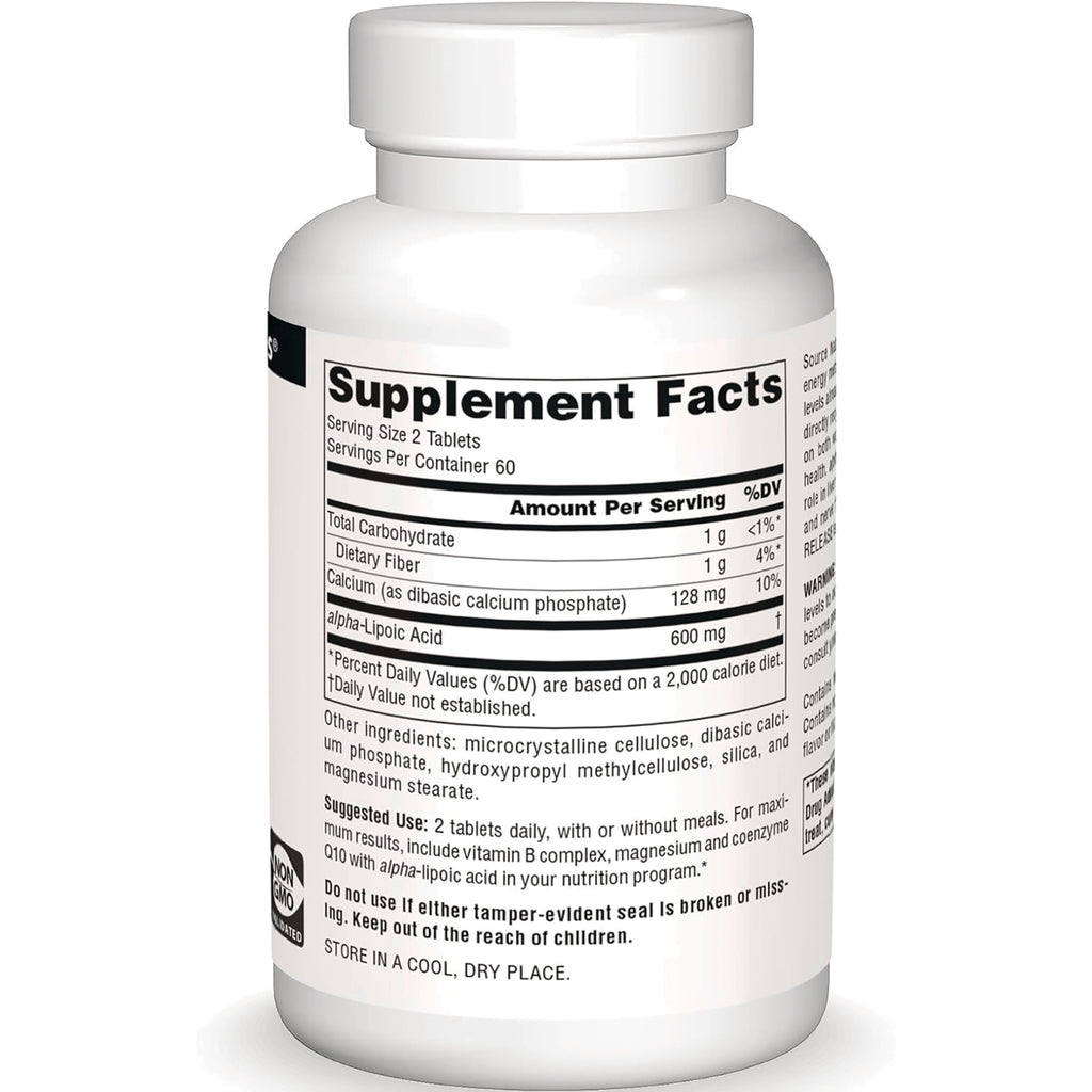 SN436 | Back label with Supplement Facts panel (serving size 2 tablets, alpha-lipoic acid 600 mg) - Thumbnail