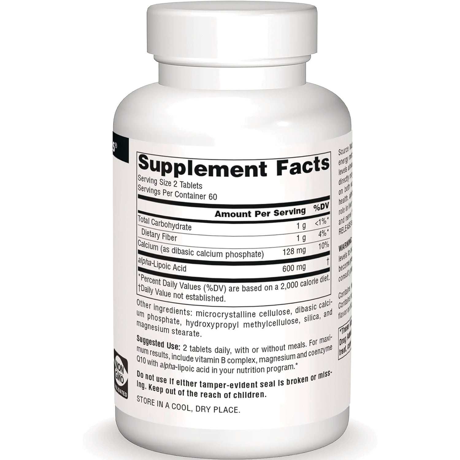 SN436 | Back label with Supplement Facts panel (serving size 2 tablets, alpha-lipoic acid 600 mg)