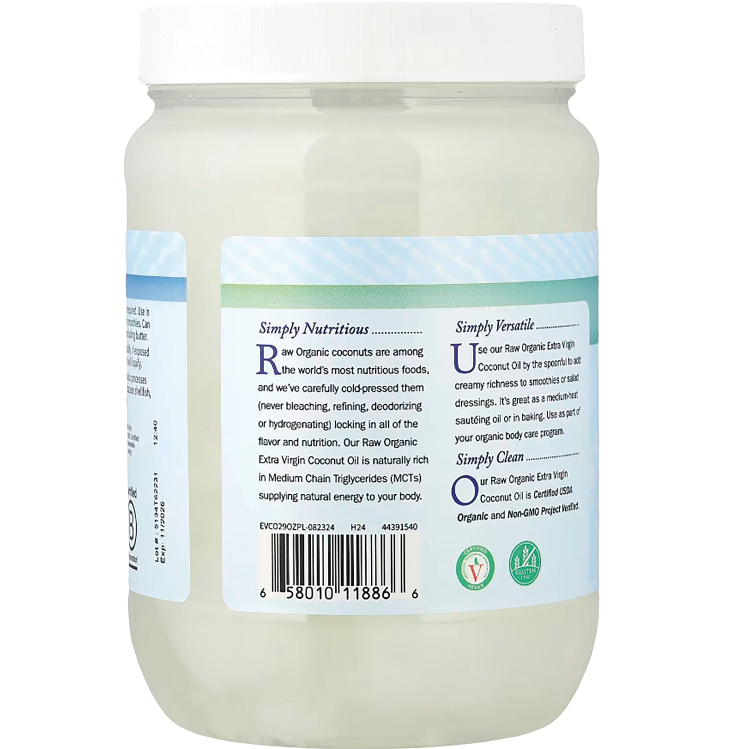 GLF233 | Back label of coconut oil jar showing product description, usage text and barcode
