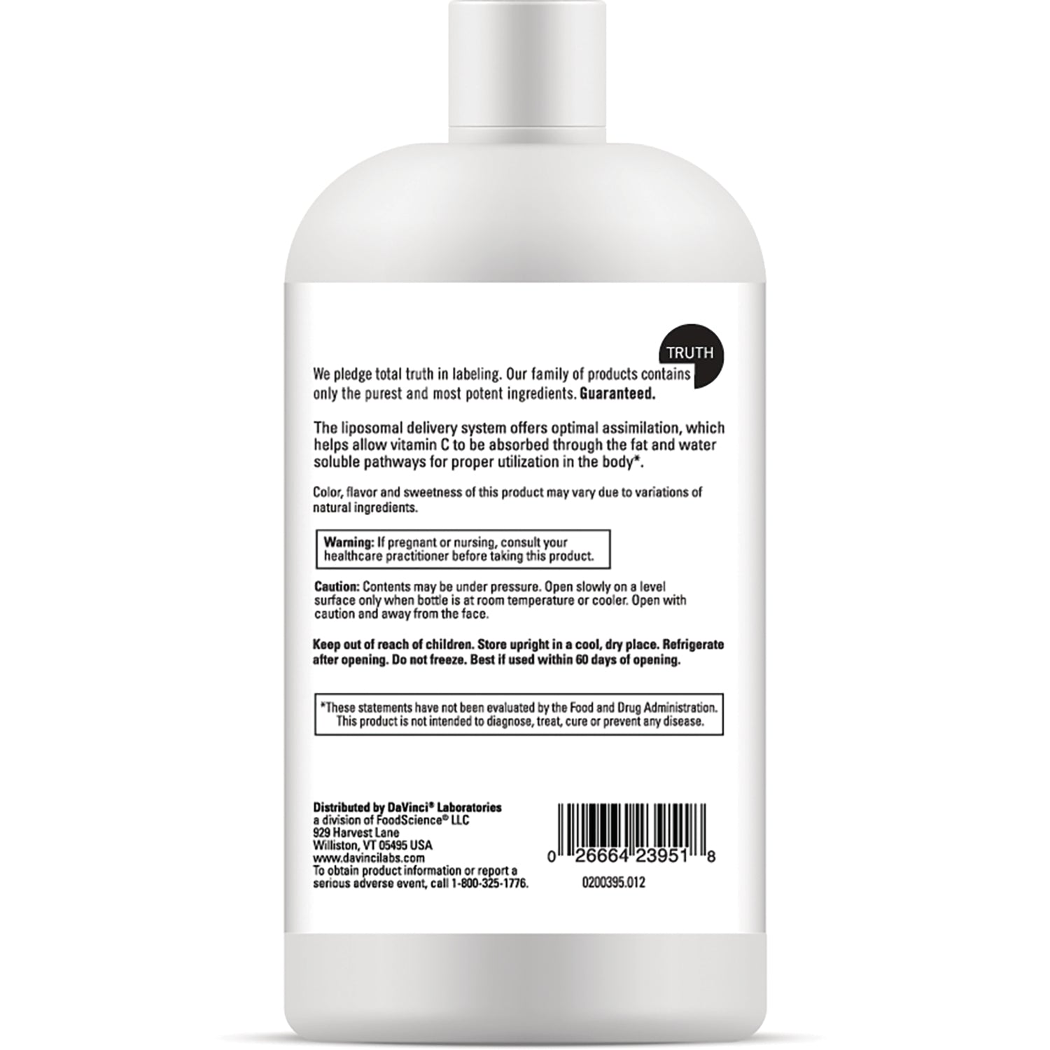 DVL009 | Back label of white supplement bottle showing warning text, storage instructions, and barcode