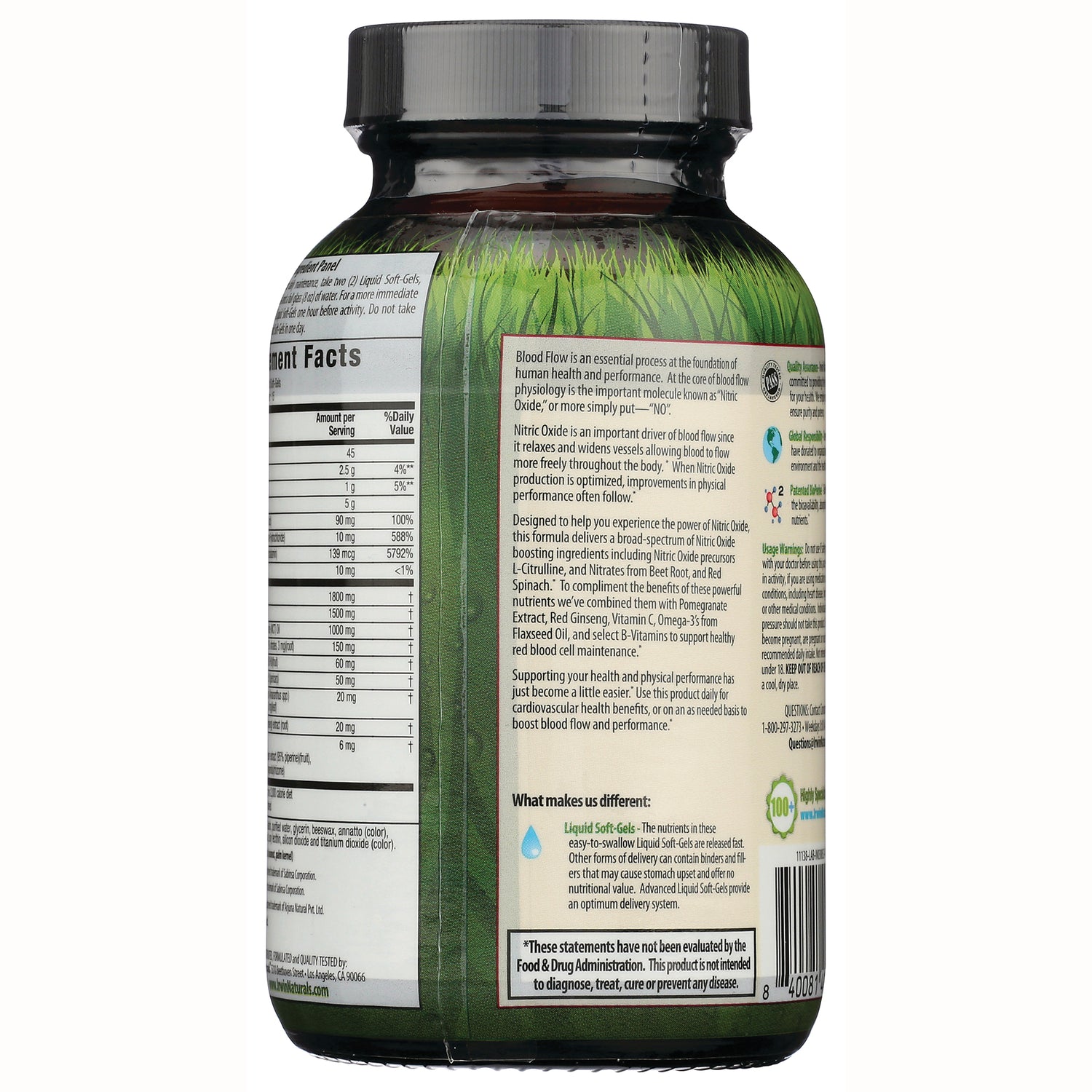 IR281 | back label of green supplement bottle showing Supplement Facts panel and ingredient and usage text
