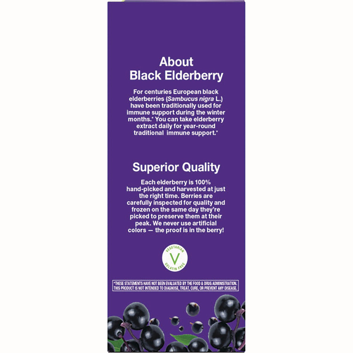 NW665 | Purple product infographic about black elderberry with Superior Quality text and elderberry berries at bottom
