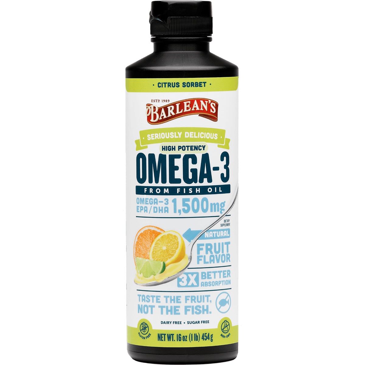 BAR106 | Barlean's Omega-3 from fish oil liquid, citrus sorbet natural fruit flavor, 1,500 mg front bottle