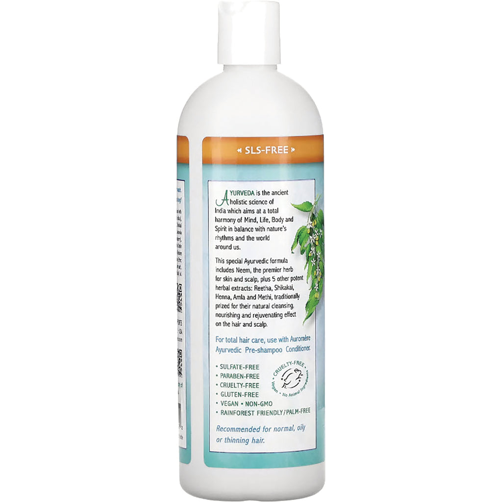 AUR019 | Back label of white shampoo bottle with Ayurvedic description and claims including SLS-free, sulfate-free, paraben-free - Thumbnail