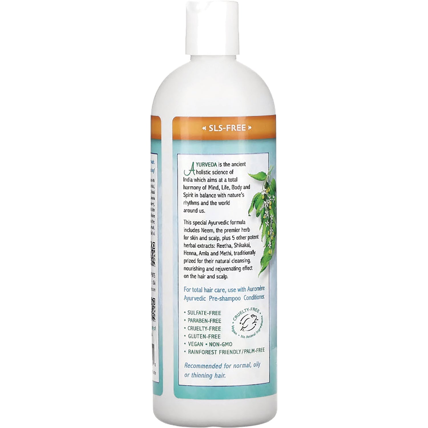 AUR019 | Back label of white shampoo bottle with Ayurvedic description and claims including SLS-free, sulfate-free, paraben-free