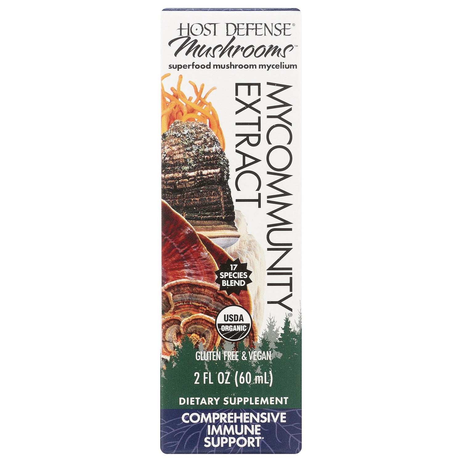 FUN001 | Host Defense Mushrooms Mycommunity extract 2 fl oz front packaging with USDA Organic and gluten free & vegan
