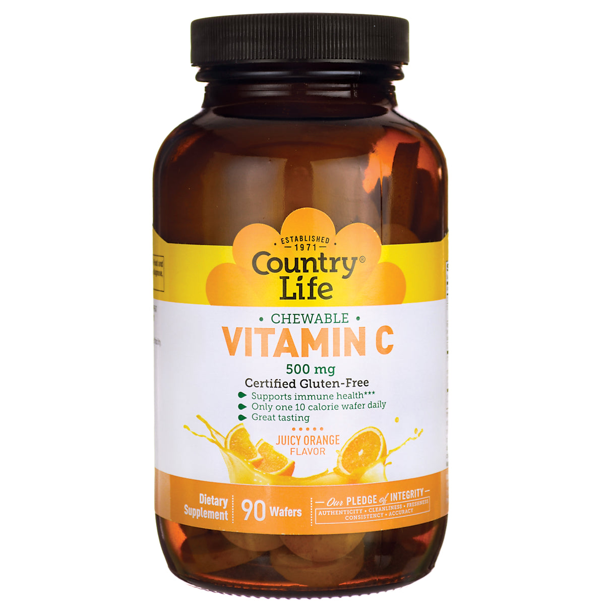 CRL559 | Amber bottle of Country Life chewable Vitamin C 500 mg, juicy orange flavor, 90 wafers, front label