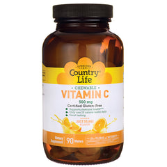 CRL559 | Amber bottle of Country Life chewable Vitamin C 500 mg, juicy orange flavor, 90 wafers, front label