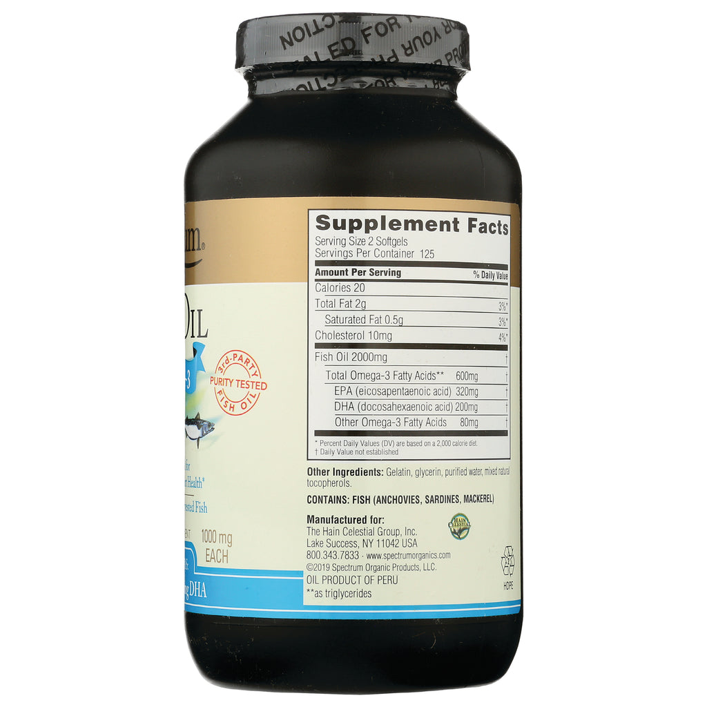 SP031 | Back of Spectrum Fish Oil softgels bottle showing Supplement Facts panel with omega-3 amounts and ingredients - Thumbnail