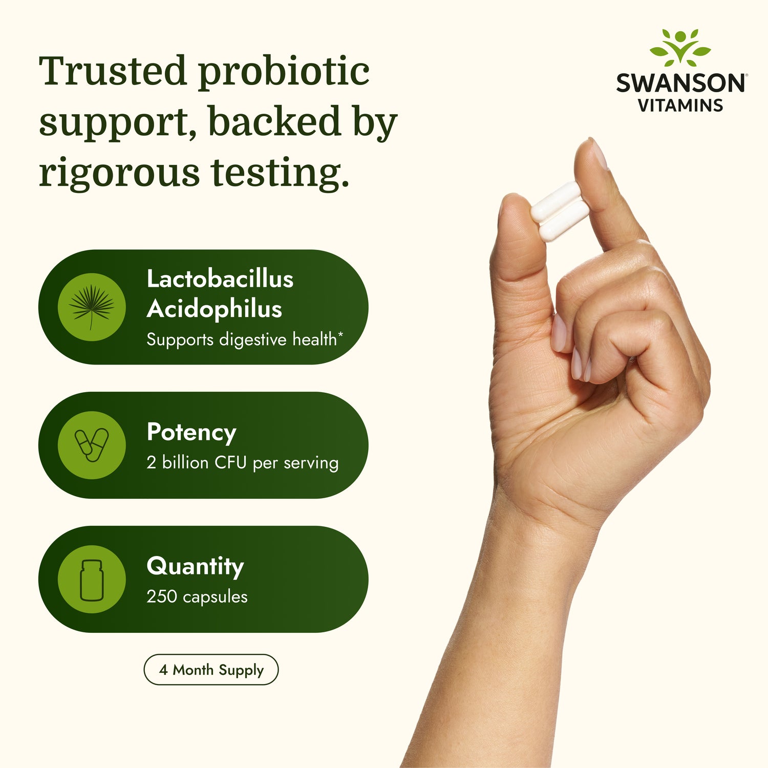 SW283 | Digestive health infographic featuring Swanson probiotic supplements and expert-tested, science-backed claims