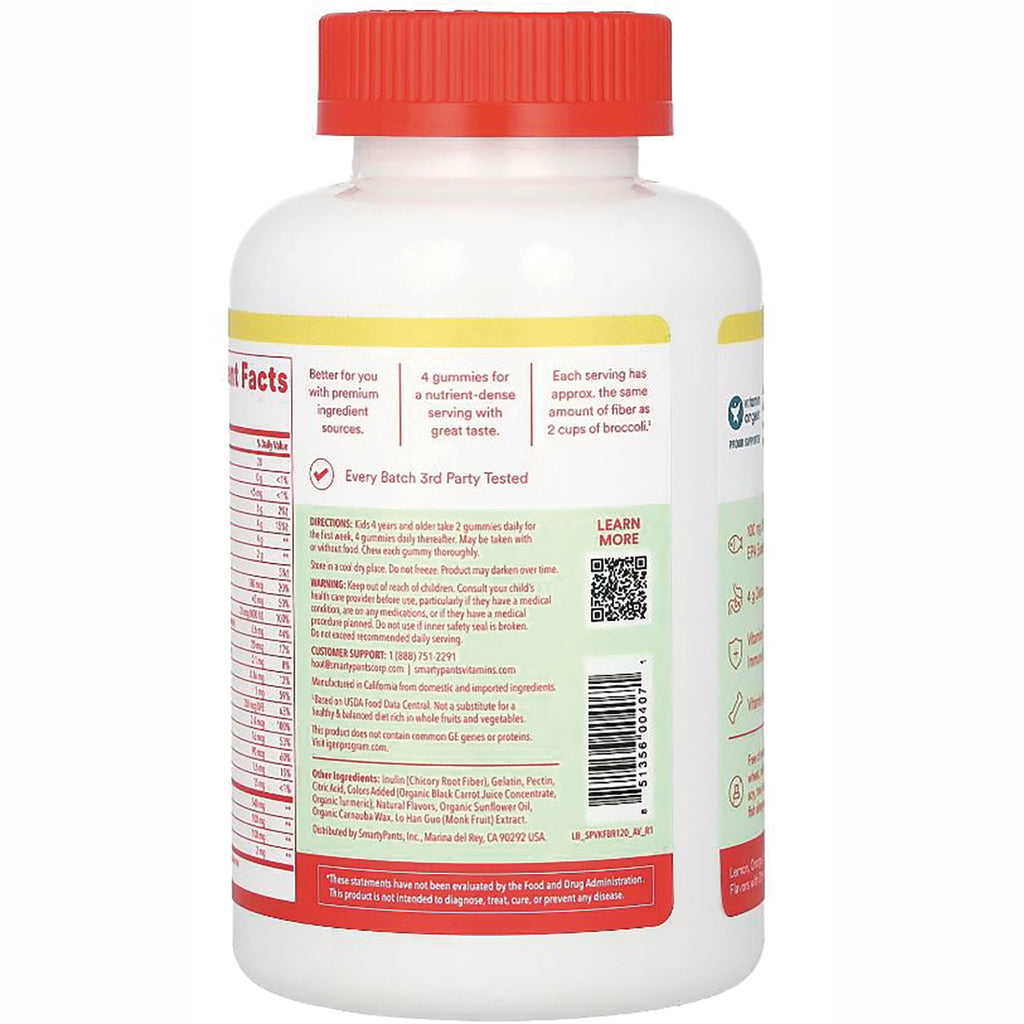 SMA001 | Back of white supplement bottle with red cap showing nutrition facts, ingredients, barcode and QR code - Thumbnail