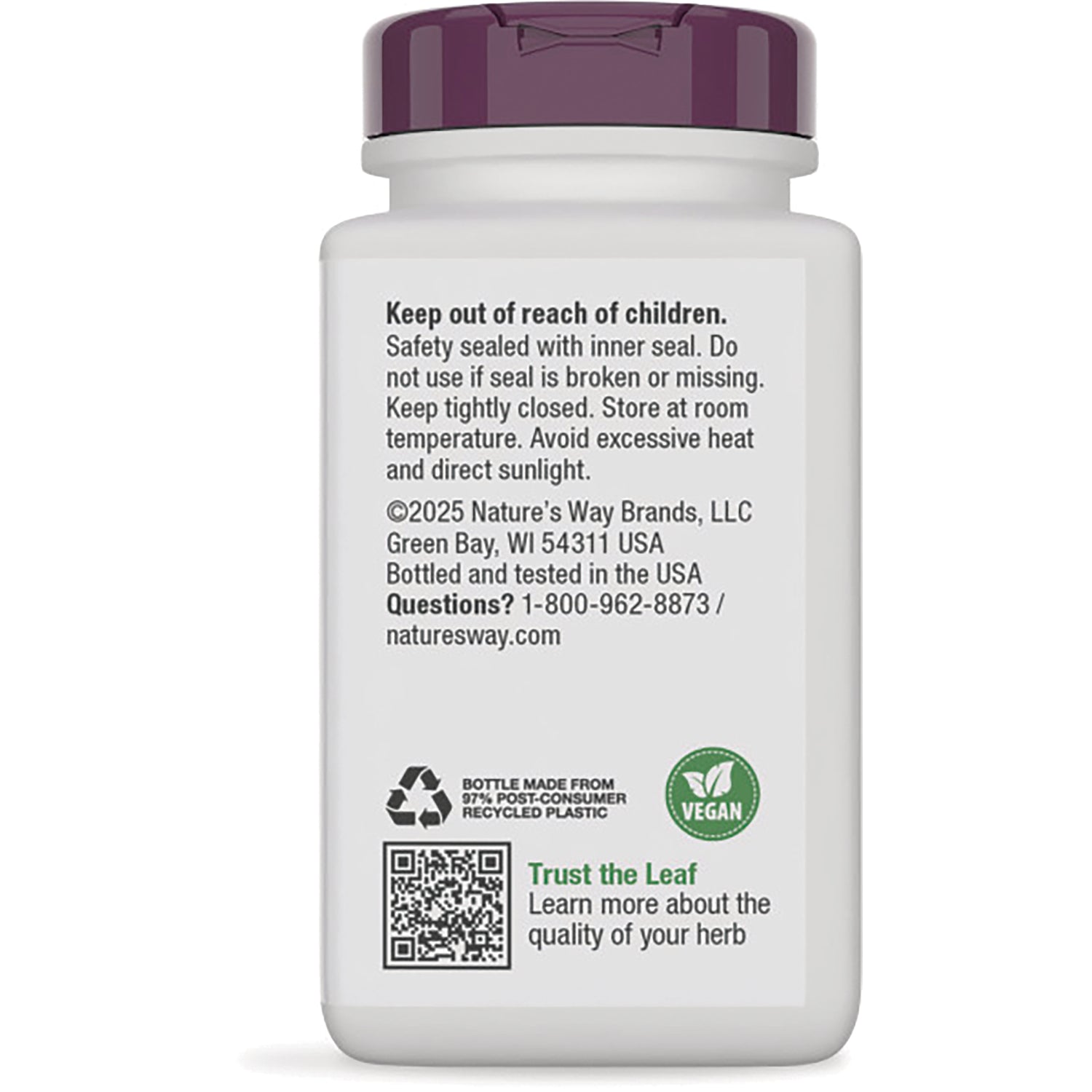 NW022 | Back label of white supplement bottle with safety text Keep out of reach of children, vegan icon, and QR code