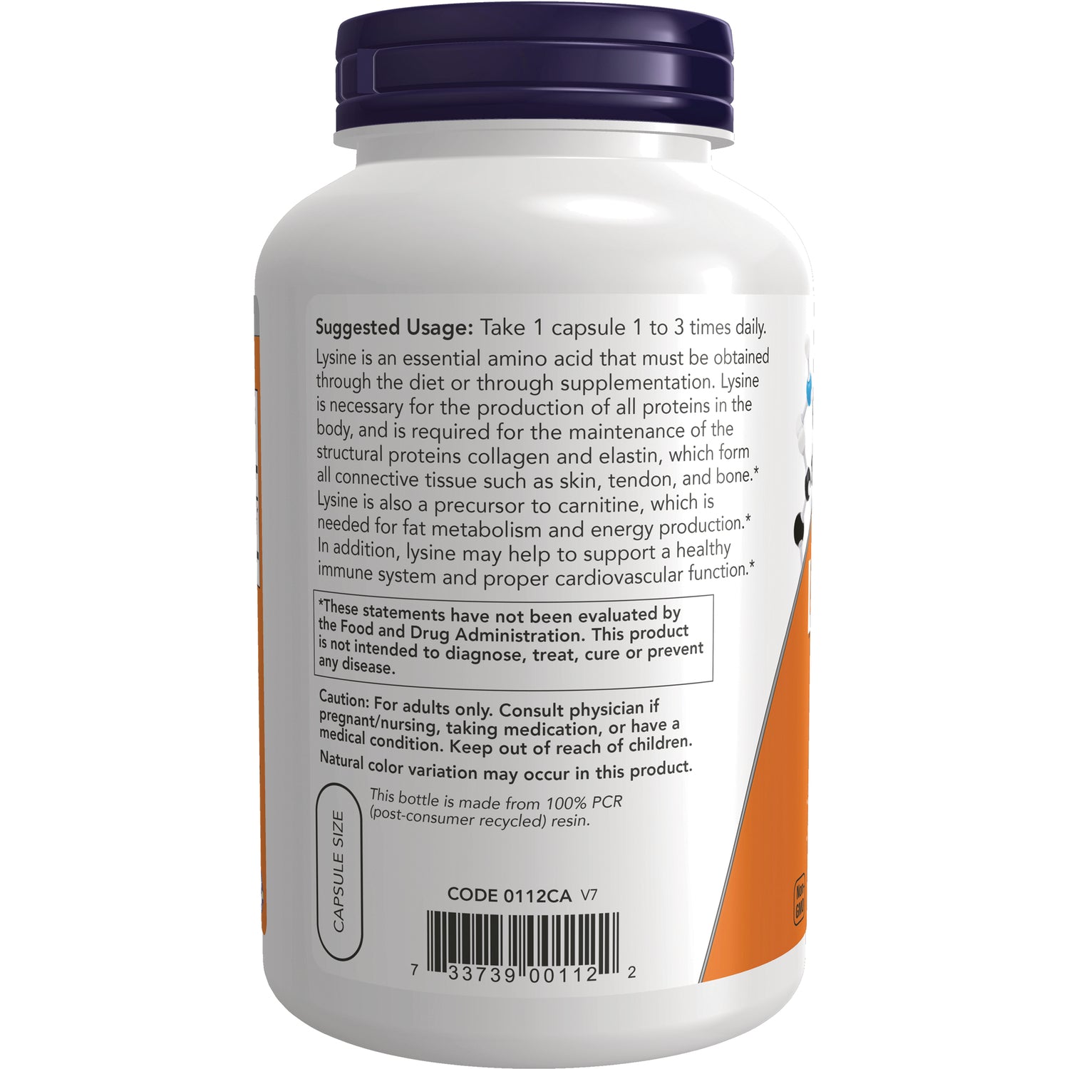 NWF685 | Back label of white supplement bottle showing suggested usage text, caution statements, and barcode