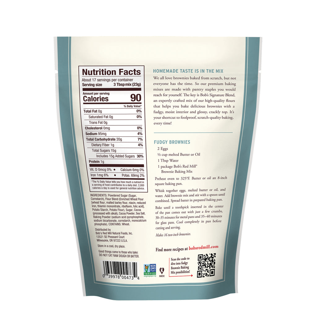 BOB479 | Back of teal and cream pouch showing Nutrition Facts, ingredients, and Fudgy Brownies recipe - Thumbnail