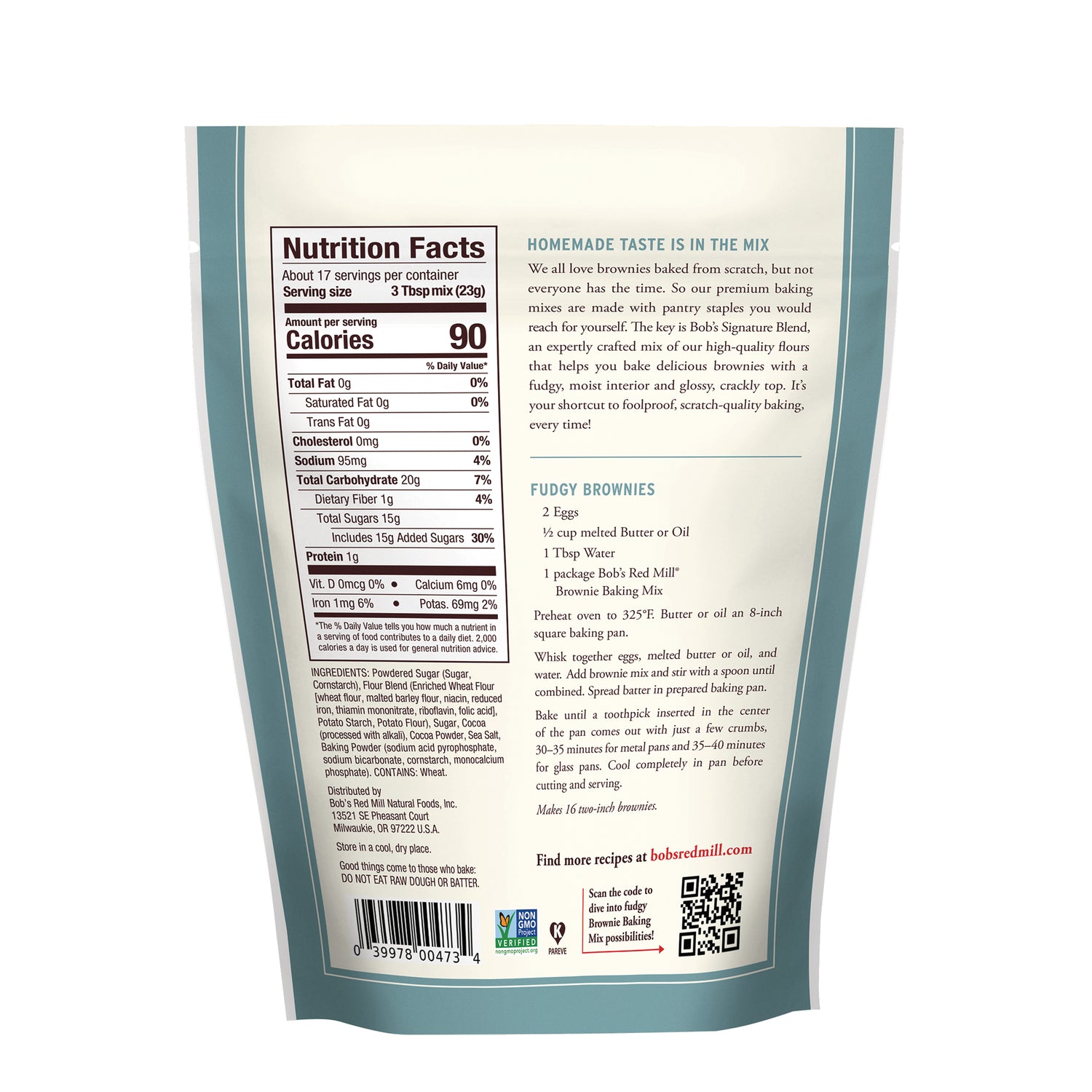 BOB479 | Back of teal and cream pouch showing Nutrition Facts, ingredients, and Fudgy Brownies recipe