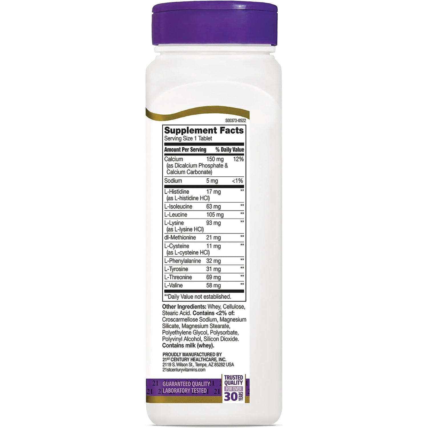 CNT288 | Supplement Facts panel and ingredient list on back of white bottle with purple cap