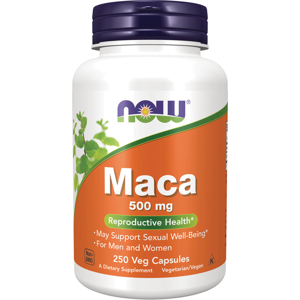 NWF688 | NOW Maca 500 mg dietary supplement bottle front label showing 250 Veg Capsules and Reproductive Health - Thumbnail
