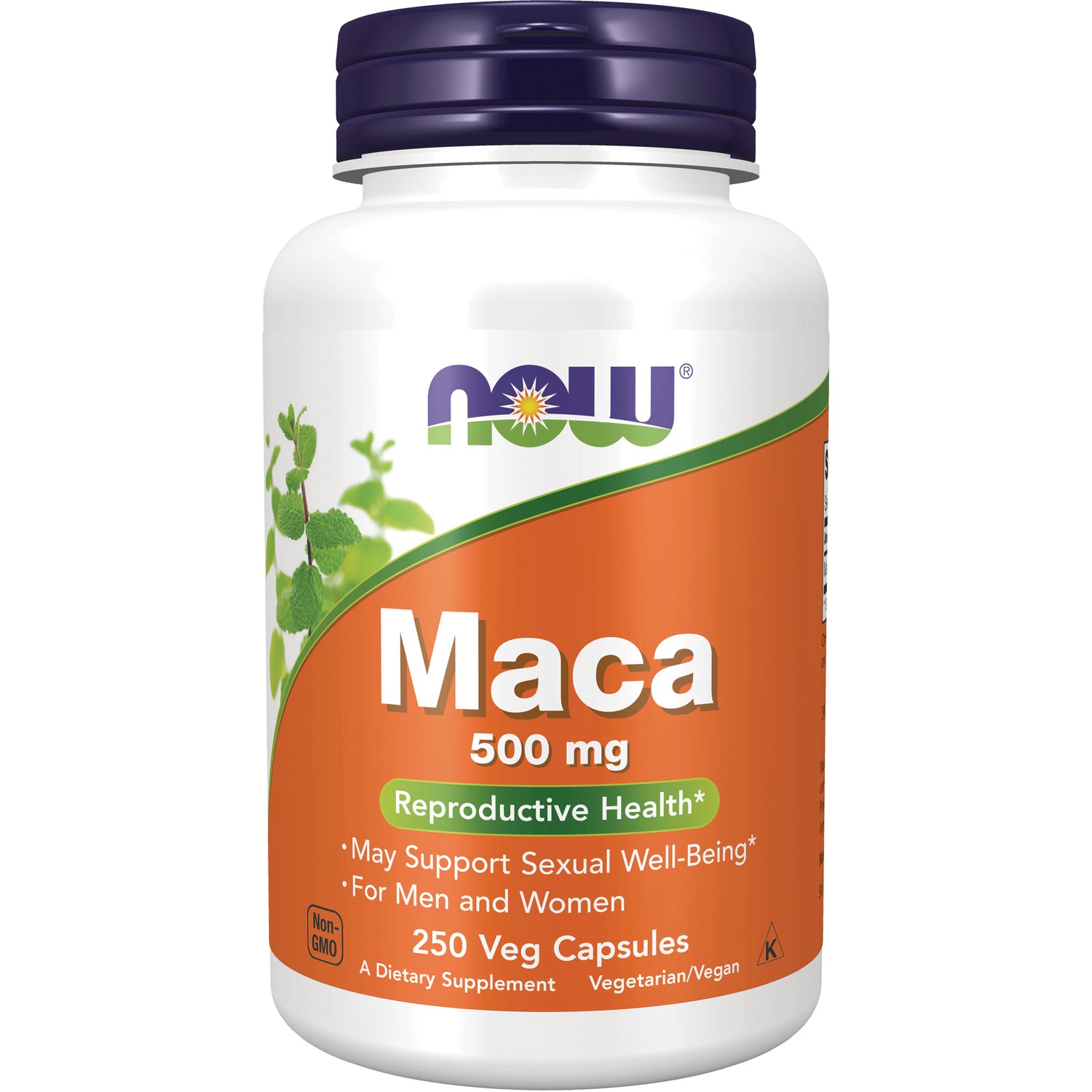 NWF688 | NOW Maca 500 mg dietary supplement bottle front label showing 250 Veg Capsules and Reproductive Health