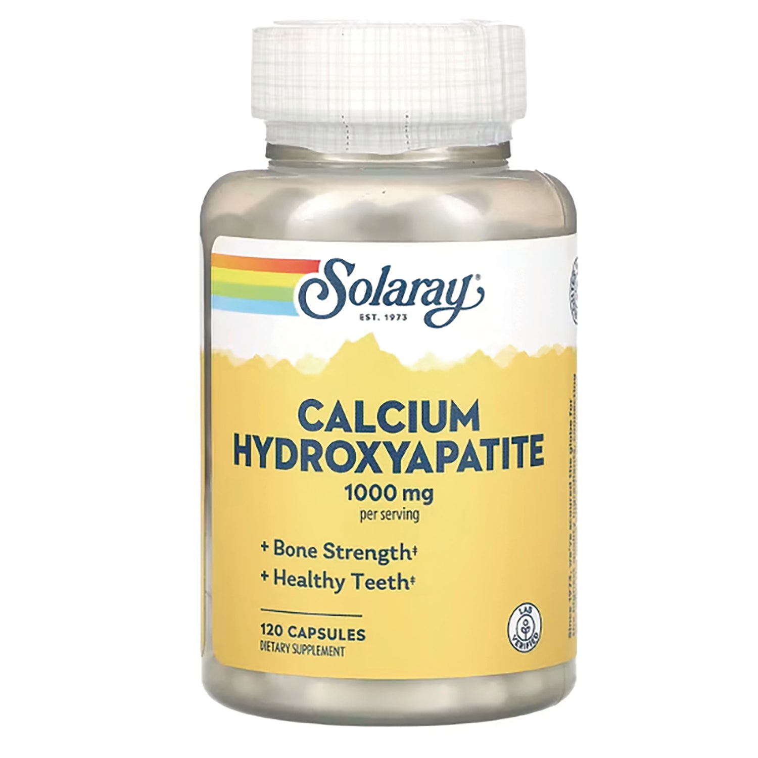 SLR192 | Solaray Calcium Hydroxyapatite 1000 mg supplement bottle with yellow label, 120 capsules
