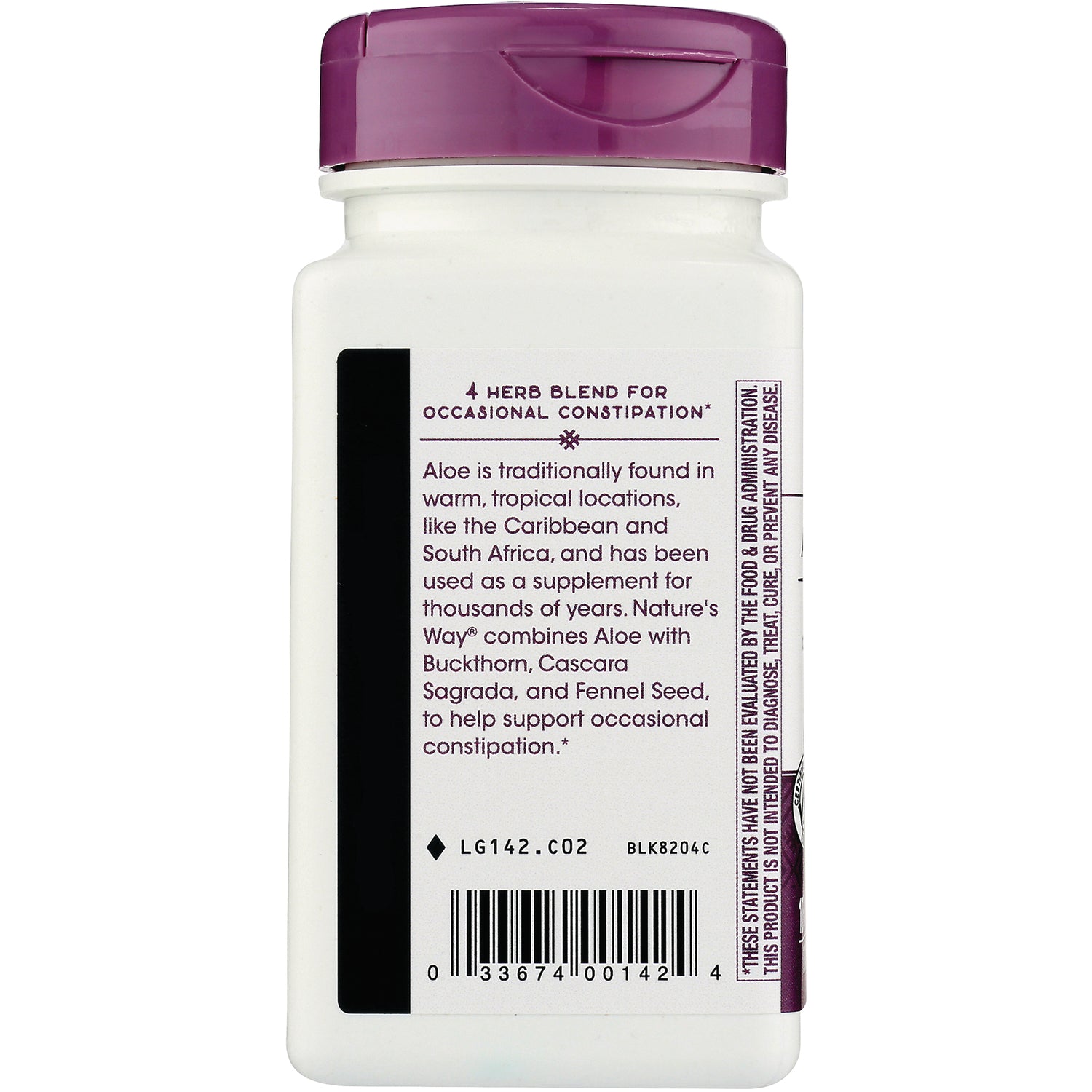 NW714 | back panel reading 4 HERB BLEND FOR OCCASIONAL CONSTIPATION, product description and barcode on white bottle
