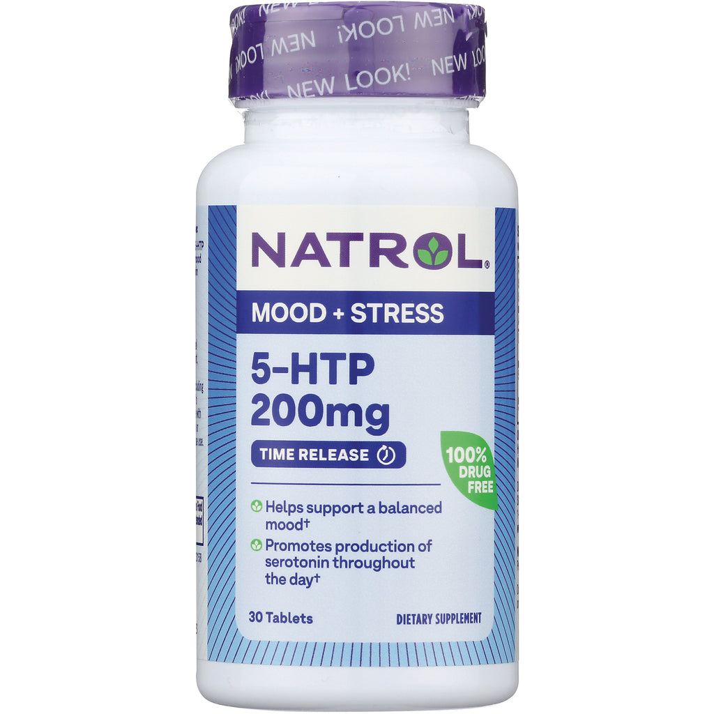 NA405 | Natrol 5-HTP 200mg time-release tablets bottle front label mood + stress, 30 tablets - Thumbnail