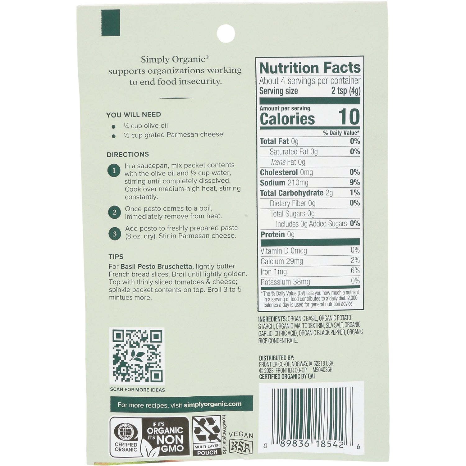 SMP002 | Back of Simply Organic packet with Nutrition Facts, ingredients, directions, QR code, and barcode