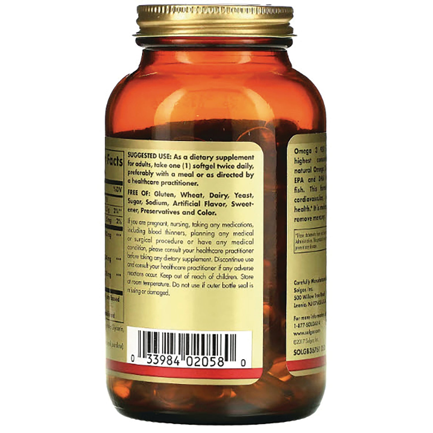 SLG339 | amber supplement bottle back label showing suggested use, warnings and barcode